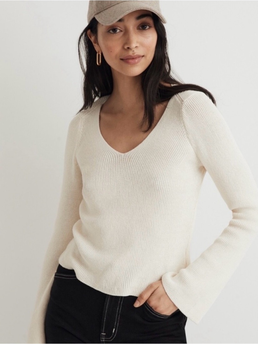 Madewell Cream V-Neck Ribbed Sweater